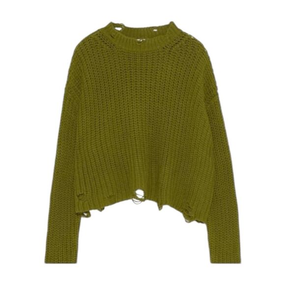 Zara Distressed Crewneck Sweater Olive Green Chunky‎ Knit Long Sleeve S - Picture 1 of 9